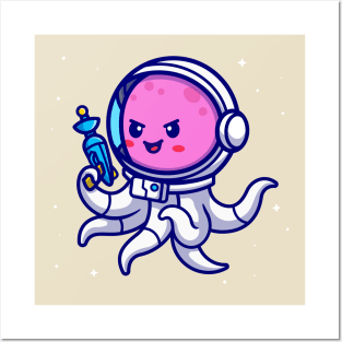 Cute Octopus Astronaut Holding Weapon Cartoon Posters and Art